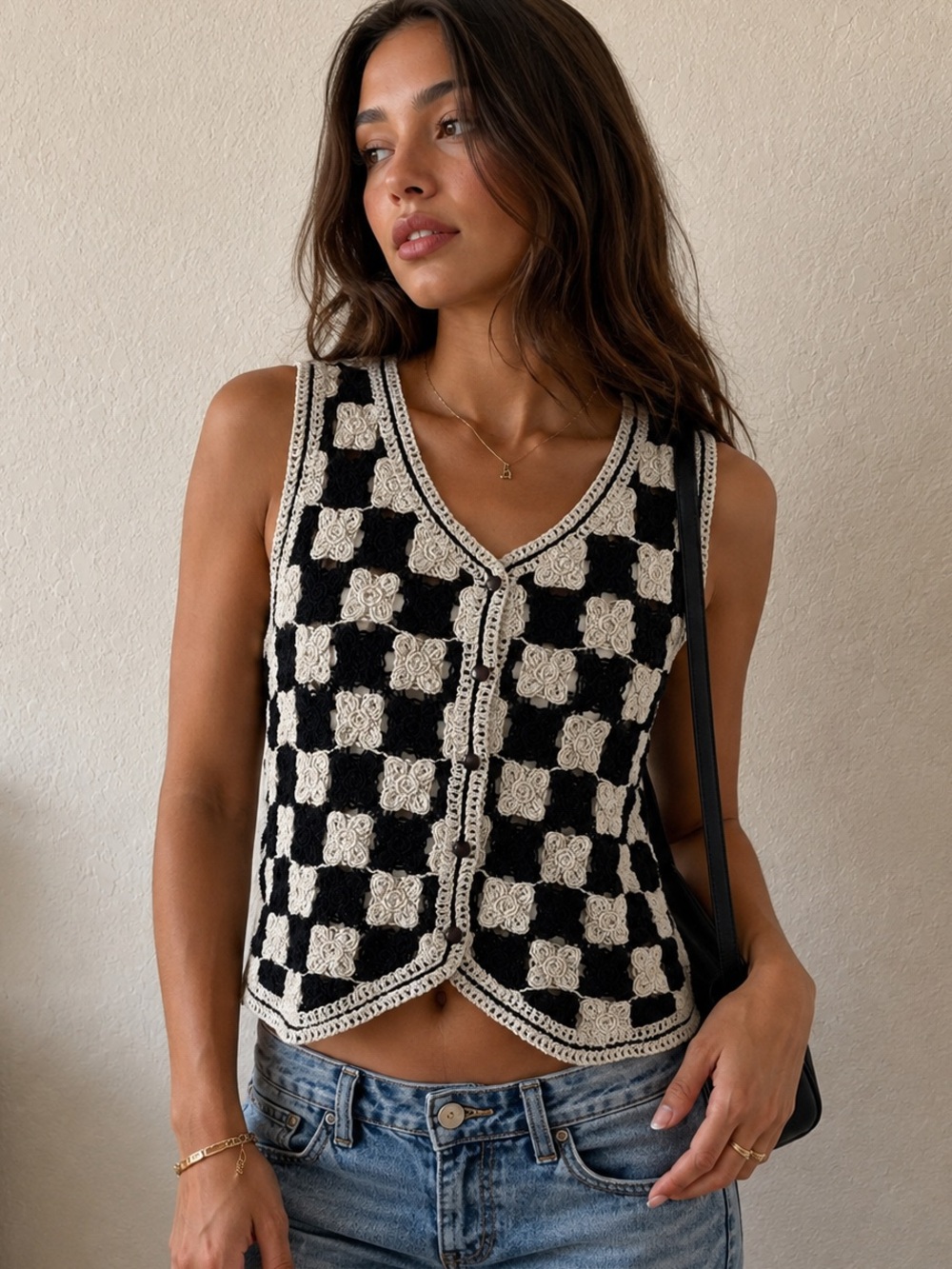 Adiva Crochet Checkerboard Knit Vest Black Ivory Button Front Boho Granny Small